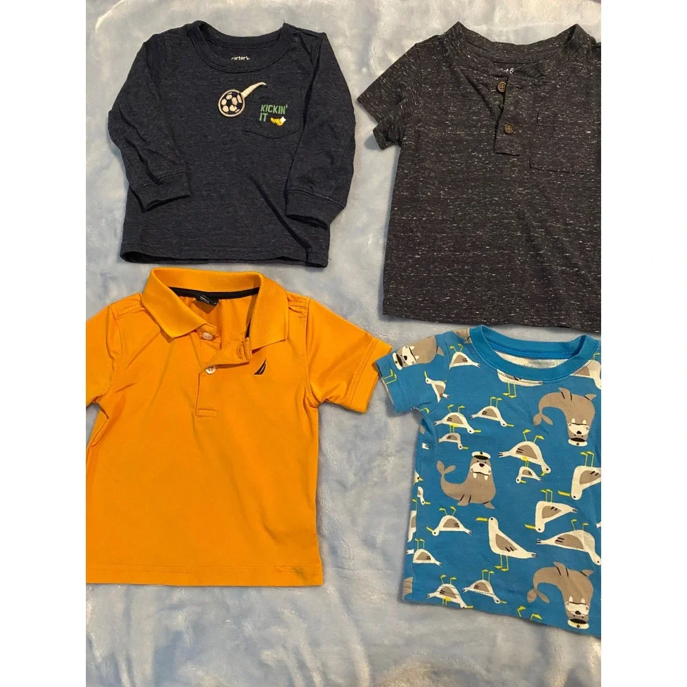 Baby Boy 12M Shirt Bundle Carters Nautica Cat & Jack 4pc Set Orange Blue Grey
